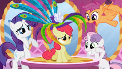 Size: 3410x1920 | Tagged: safe, derpibooru import, screencap, apple bloom, rarity, scootaloo, sweetie belle, earth pony, pegasus, pony, unicorn, season 2, the cutie pox, apple bloom's bow, bipedal, bow, carousel boutique, cutie mark crusaders, female, filly, flying, foal, grin, hair bow, high res, mare, open mouth, open smile, scootaloo can fly, smiling, spread wings, wings