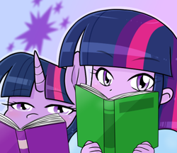 Size: 740x640 | Tagged: safe, artist:batipin, derpibooru import, twilight sparkle, equestria girls, book, self paradox, self ponidox