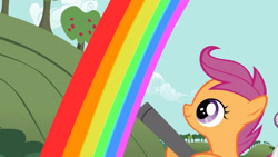 Size: 3410x1920 | Tagged: safe, derpibooru import, screencap, scootaloo, sweetie belle, pegasus, pony, unicorn, hearts and hooves day (episode), season 2, cloud, female, filly, foal, high res, offscreen character, rainbow, smiling, solo focus, tree, vacuum cleaner