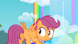 Size: 3410x1920 | Tagged: safe, derpibooru import, screencap, scootaloo, pegasus, pony, season 3, sleepless in ponyville, butt, female, filly, foal, high res, plot, rainbow, smiling, solo, spread wings, wings