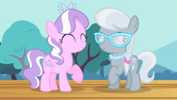 Size: 3410x1920 | Tagged: safe, derpibooru import, screencap, diamond tiara, silver spoon, earth pony, pony, flight to the finish, season 4, ^^, cute, diamondbetes, duo, eyes closed, female, filly, foal, high res, silverbetes, smiling