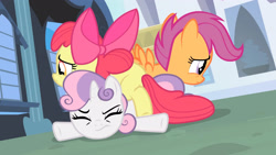 Size: 3410x1920 | Tagged: safe, derpibooru import, screencap, apple bloom, scootaloo, sweetie belle, earth pony, pegasus, pony, unicorn, for whom the sweetie belle toils, season 4, apple bloom's bow, bow, cutie mark crusaders, eyes closed, female, filly, foal, hair bow, high res, spread wings, trio, wings