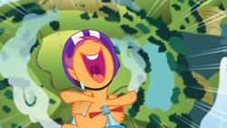 Size: 3410x1920 | Tagged: safe, derpibooru import, screencap, scootaloo, pegasus, pony, parental glideance, season 7, female, filly, flying, foal, helmet, high res, nose in the air, open mouth, open smile, scootaloo can fly, scooter, smiling, solo, spread wings, uvula, volumetric mouth, wings