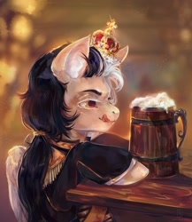 Size: 1872x2160 | Tagged: safe, artist:dedalekha, derpibooru import, oc, oc only, pegasus, pony, alcohol, beer, clothes, crown, epaulettes, jewelry, licking, licking lips, military uniform, mug, ponytail, regalia, solo, table, tongue, tongue out, uniform