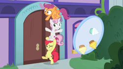 Size: 3410x1920 | Tagged: safe, derpibooru import, screencap, apple bloom, scootaloo, sweetie belle, earth pony, pegasus, pony, unicorn, marks for effort, season 8, spoiler:s08, apple bloom's bow, bipedal, bow, cupcake, cutie mark crusaders, female, filly, foal, food, hair bow, high res, one eye closed, open mouth, school of friendship, spread wings, tray, trio, wings