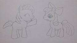 Size: 3920x2204 | Tagged: safe, artist:up_p_ab, derpibooru import, apple bloom, babs seed, earth pony, pony, cousins, female, filly, foal, sketch, traditional art