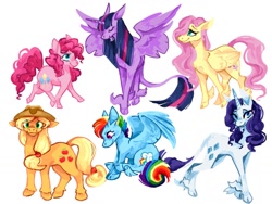 Size: 1024x768 | Tagged: safe, artist:ehyokay, derpibooru import, applejack, fluttershy, pinkie pie, princess twilight 2.0, rainbow dash, rarity, twilight sparkle, twilight sparkle (alicorn), alicorn, earth pony, pegasus, pony, unicorn, the last problem, female, leonine tail, mane six, mare, older, older twilight, simple background, sitting, tail, unshorn fetlocks, white background