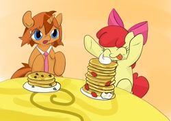 Size: 842x595 | Tagged: safe, artist:up_p_ab, derpibooru import, apple bloom, oc, oc:eel, earth pony, pony, unicorn, :p, adorabloom, cute, female, filly, foal, food, happy, male, necktie, pancakes, stallion, strawberry, table, tongue, tongue out, whipped cream