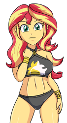 Size: 1901x3500 | Tagged: safe, artist:sumin6301, derpibooru import, sunset shimmer, equestria girls, belly button, breasts, clothes, hand on hip, looking at you, simple background, stupid sexy sunset shimmer, sunset shimmer's beach shorts swimsuit, swimsuit, white background