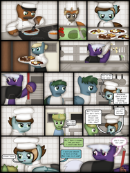 Size: 1750x2333 | Tagged: safe, artist:99999999000, derpibooru import, oc, oc only, oc:chen lifan, oc:firearm king, earth pony, pony, comic:journey, chef, chef's hat, clothes, comic, cook, cooking, door, egg (food), female, food, hat, kitchen, knife, male, mop, onion, pancakes, plate, tomatoes, vegetables