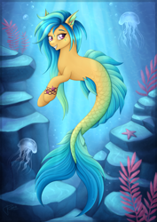 Size: 2480x3508 | Tagged: safe, artist:puggie, derpibooru import, oc, oc only, oc:calypso, jellyfish, merpony, seapony (g4), air bubble, blue mane, bubble, crepuscular rays, dorsal fin, female, fins, fish tail, flowing tail, high res, lidded eyes, looking at you, mermay, ocean, purple eyes, rock, sharp teeth, smiling, smiling at you, solo, starfish, sunlight, tail, teeth, underwater, water