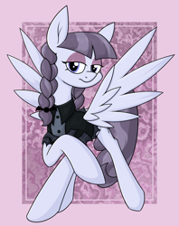 Size: 1708x2160 | Tagged: safe, artist:moonatik, derpibooru import, inky rose, pegasus, pony, abstract background, braid, clothes, eyeshadow, female, goth, makeup, mare, raised hoof, raised leg, shirt, solo, spread wings, wings