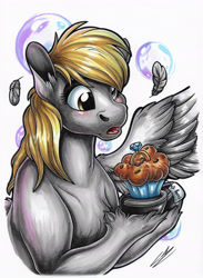 Size: 1920x2630 | Tagged: safe, artist:lupiarts, derpibooru import, derpy hooves, pegasus, artwork, drawing, feather, female, food, illustration, jewelry, mare, marriage proposal, muffin, ring, solo, traditional art, unshorn fetlocks, wings