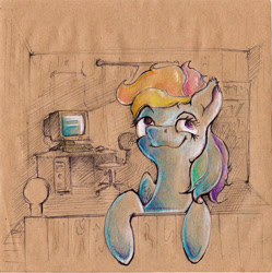 Size: 1623x1631 | Tagged: safe, artist:alexandrvirus, derpibooru import, rainbow dash, pegasus, pony, computer, crt, smiling, solo