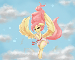 Size: 1500x1197 | Tagged: safe, artist:inkypuso, derpibooru import, fluttershy, angel, pegasus, pony, alternate hairstyle, clothes, cloud, cute, female, flying, mare, robe, shyabetes, sky, solo