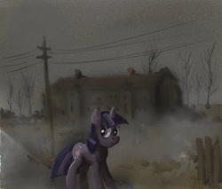 Size: 2262x1923 | Tagged: safe, artist:alexandrvirus, derpibooru import, twilight sparkle, unicorn twilight, pony, unicorn, house, mist, power line, scenery, solo