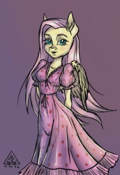 Size: 1485x2160 | Tagged: safe, artist:gigisarts, derpibooru import, fluttershy, anthro, pegasus, g4, clothes, dress, pink dress, pink hair, solo