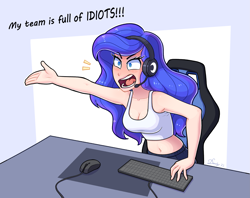 Size: 2601x2064 | Tagged: safe, artist:dandy, derpibooru import, part of a series, part of a set, princess luna, human, angry, belly button, breasts, cleavage, clothes, computer mouse, female, gamer luna, gaming, gaming headset, headphones, headset, humanized, keyboard, microphone, midriff, pants, princess balloona, shirt, short shirt, solo, tanktop, text, yelling