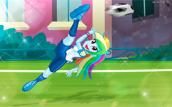 Size: 1573x975 | Tagged: safe, artist:charliexe, derpibooru import, rainbow dash, equestria girls, ass, ball, butt, cleats, clothes, commission, female, football, grass, kicking, open mouth, shirt, shoes, shorts, soccer shoes, socks, solo, sports, t-shirt