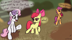 Size: 1280x721 | Tagged: safe, artist:hiddelgreyk, derpibooru import, apple bloom, scootaloo, sweetie belle, earth pony, pegasus, pony, unicorn, ball, bipedal, bow, clubhouse, cutie mark crusaders, female, filly, foal, google experimenting on elon musk with kitten chemicals, grass, hair bow, meme, sitting, text, wat