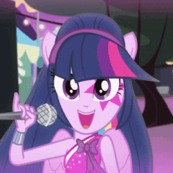 Size: 360x360 | Tagged: safe, derpibooru import, screencap, twilight sparkle, equestria girls, perfect day for fun, rainbow rocks, animated, bare shoulders, cropped, cute, gauntlet, gif, grin, looking at you, makeup, microphone, ponied up, rainbow rocks outfit, shoulder strap, sleeveless, solo, twiabetes, wings