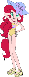 Size: 228x600 | Tagged: safe, artist:icicle-wicicle-1517, artist:yeetmedownthestairs, color edit, derpibooru import, edit, oc, oc only, oc:painted lilly, human, collaboration, equestria girls, clothes, color, colored, equestria girls-ified, feet, grin, hat, humanized, nonbinary, nose piercing, nose ring, piercing, sandals, simple background, smiling, solo, sun hat, swimsuit, tail, tailed humanization, transparent background