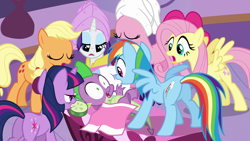 Size: 1920x1080 | Tagged: safe, derpibooru import, screencap, applejack, fluttershy, pinkie pie, rainbow dash, rarity, spike, twilight sparkle, earth pony, pegasus, unicorn, ponyville confidential, season 2, butt, cucumber, female, food, male, mane seven, mane six, rainbutt dash, spike gets all the mares, spread wings, straight, twibutt, wings