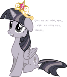 Size: 3000x3469 | Tagged: safe, artist:cloudyglow, artist:wardex101, derpibooru import, edit, twilight sparkle, twilight sparkle (alicorn), alicorn, pony, princess twilight sparkle (episode), big crown thingy, cute, depressed, discorded, discorded twilight, ears, element of magic, female, floppy ears, high res, jewelry, mare, regalia, sad, simple background, sitting, solo, text, transparent background, twiabetes, twilight tragedy, vector