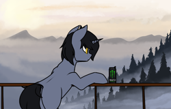 Size: 1500x960 | Tagged: safe, artist:syntiset, derpibooru import, oc, oc only, oc:syntiset, pony, unicorn, cloud, ears, energy drink, fog, glowing, glowing eyes, horn, looking at something, male, monster energy, mountain, outdoors, sky, solo, stallion, sunset, tree, unicorn oc