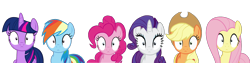 Size: 1280x323 | Tagged: safe, artist:benpictures1, applejack, fluttershy, pinkie pie, rainbow dash, rarity, twilight sparkle, twilight sparkle (alicorn), alicorn, pony, unicorn, every little thing she does, adoracreepy, applejack's hat, blank stare, clothes, cute, dashabetes, diapinkes, female, fiducia compellia, hat, hypnosis, hypnotized, inkscape, jackabetes, looking at you, mane six, mare, raribetes, shrunken pupils, shyabetes, simple background, thousand yard stare, transparent background, twiabetes, vector