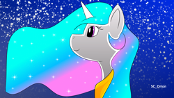 Size: 3840x2160 | Tagged: safe, artist:sc_orion, derpibooru import, princess celestia, alicorn, pony, ethereal mane, featured image, female, horn, jewelry, mare, night, profile, regalia, side view, smiling, solo, stars