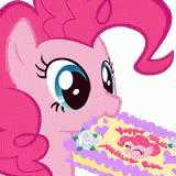 Size: 160x160 | Tagged: safe, derpibooru import, pinkie pie, earth pony, pony, party of one, animated, birthday cake, cake, chewing, chewing ponies, cute, diapinkes, eating, female, food, gif, gif for breezies, happy birthday, hapvw mnulh milnum nim, picture for breezies, pink fluffy unicorns dancing on rainbows, pinkie pie's birthday, simple background, solo, tenor, transparent background, white background, written equestrian