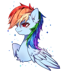 Size: 3216x3492 | Tagged: safe, artist:angelapie, derpibooru import, rainbow dash, pegasus, pony, chest fluff, ear fluff, ears, female, high res, mare, simple background, smiling, solo, sparkles, white background
