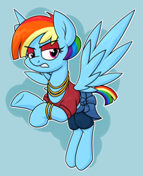 Size: 1290x1592 | Tagged: safe, artist:moonatik, derpibooru import, rainbow dash, valley glamour, pegasus, pony, alternate hairstyle, bracelet, clothes, eyeshadow, female, jewelry, makeup, mare, necklace, rainbow dash always dresses in style, shirt, shorts, solo, vulgar description