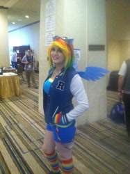 Size: 1936x2592 | Tagged: safe, artist:nativebrony-91, derpibooru import, rainbow dash, human, clothes, cosplay, costume, everfree northwest, everfree northwest 2016, goggles, irl, irl human, multicolored hair, photo, rainbow hair, rainbow socks, socks, striped socks