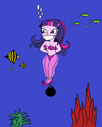 Size: 1021x1262 | Tagged: safe, artist:walnutwilly, derpibooru import, twilight sparkle, human, equestria girls, asphyxiation, ball and chain, bubble, cloth gag, danger, drowning, gag, humanized, peril, sinking, tied up, underwater