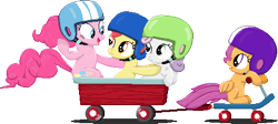 Size: 448x201 | Tagged: safe, artist:rockingscorpion, derpibooru import, apple bloom, pinkie pie, scootaloo, sweetie belle, earth pony, pegasus, pony, unicorn, the cutie mark chronicles, cutie mark crusaders, female, filly, foal, helmet, mare, pixel art, scooter, simple background, transparent background, wagon