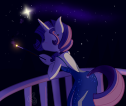 Size: 1256x1064 | Tagged: safe, artist:computershits, derpibooru import, rarity, semi-anthro, unicorn, alternate hairstyle, backless, balcony, cigarette, cigarette holder, clothes, dress, ear piercing, earring, female, horn, jewelry, piercing, shooting star, solo, sparkles, stars, tail, tail hole