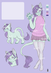Size: 2039x2893 | Tagged: safe, artist:natt333, derpibooru import, oc, oc only, anthro, cat, cat pony, hybrid, original species, pony, unguligrade anthro, unicorn, adoptable, anthro oc, catcorn, cheek fluff, chest fluff, clothes, community related, female, hooves, horn, leonine tail, looking at you, mare, paw pads, paws, purple background, reference sheet, simple background, sleeveless, sleeveless sweater, small horn, smiling, smiling at you, solo, stockings, sweater, tail, thigh highs, underpaw, white outline