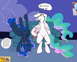 Size: 1280x1035 | Tagged: safe, artist:buggiscool, derpibooru import, princess celestia, princess luna, alicorn, bong, celestia is not amused, complaining, drug use, drugs, food, luna is not amused, pizza, sleeping, sofa, unamused, upside down, whining