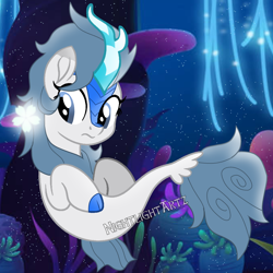 Size: 1280x1280 | Tagged: safe, artist:nightlightartz, derpibooru import, oc, oc only, kirin, seapony (g4), coral, dorsal fin, fish tail, flower, flower in hair, flowing tail, glowing, ocean, purple eyes, seaponified, seaquestria, seaweed, solo, species swap, tail, underwater, water