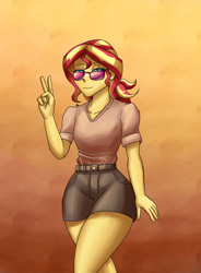 Size: 1400x1900 | Tagged: safe, artist:zachc, derpibooru import, sunset shimmer, equestria girls, alternate hairstyle, clothes, female, peace sign, shirt, shorts, solo, sunglasses