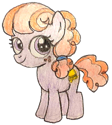 Size: 579x646 | Tagged: safe, artist:jebens1, derpibooru import, earth pony, pony, g1, g4, my little pony tales, bell, female, filly, foal, freckles, generation leap, jing-a-ling, simple background, smiling, solo, traditional art, transparent background