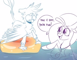 Size: 2048x1604 | Tagged: safe, artist:berrysoda10, derpibooru import, gallus, silverstream, griffon, seapony (g4), behaving like a cat, duo, female, frown, hydrophobia, inner tube, looking down, male, nervous, open mouth, partial color, scared, seapony silverstream, shaking, shivering, simple background, smiling, spread wings, sweat, white background, wide eyes, wings