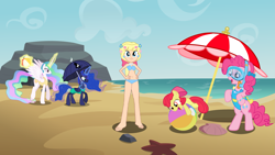 Size: 3833x2156 | Tagged: safe, artist:boogeyboy1, derpibooru import, apple bloom, megan williams, pinkie pie, princess celestia, princess luna, alicorn, earth pony, human, pony, beach, beach ball, bikini, clothes, flower, flower in hair, levitation, looking at you, magic, one-piece swimsuit, playful, playing, swimsuit, telekinesis, tied hair, umbrella