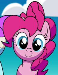 Size: 245x316 | Tagged: safe, artist:fera animations, derpibooru import, pinkie pie, earth pony, pony, bandage, cloud, hair bun, looking at you, pibby, sky, smiling