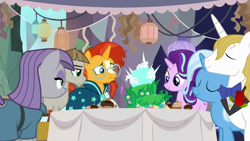 Size: 1280x720 | Tagged: safe, artist:skylark-torch, derpibooru import, edit, edited screencap, screencap, maud pie, mudbriar, prince blueblood, starlight glimmer, sunburst, trixie, earth pony, unicorn, student counsel, bluetrix, bowtie, cake, cupcake, equinox cake, female, flower, food, lantern, male, maudbriar, rose, shipping, spikey, spring solst-astic, starburst, straight, table, vector, vector edit