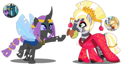 Size: 3950x2069 | Tagged: safe, artist:interstellar-quartz, derpibooru import, applejack, queen chrysalis, twilight sparkle, zecora, oc, changepony, hybrid, zony, applecora, clothes, female, interspecies offspring, kimono (clothing), lesbian, magical lesbian spawn, offspring, parent:applejack, parent:zecora, parents:applecora, parents:twisalis, shipping, simple background, transparent background, twisalis