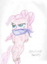 Size: 1280x1726 | Tagged: safe, artist:bluesplendont, derpibooru import, pinkie pie, earth pony, pony, equestria girls, bondage, chest fluff, cloth gag, confused, gag, solo, tied up, traditional art