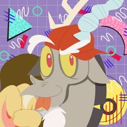 Size: 1280x1280 | Tagged: safe, derpibooru import, discord, draconequus, a matter of principals, '90s, abstract background, cap, hat, horn, how do you do fellow kids, male, retro, solo, tongue, tongue out